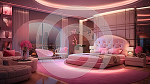 A special well detailed bedroom with pink collections, sofa set, roof, sealing, LED screen