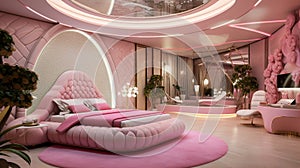 A special well detailed bedroom with pink collections, sofa set, roof, sealing, LED screen