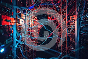 It specialist examining network cables in server room