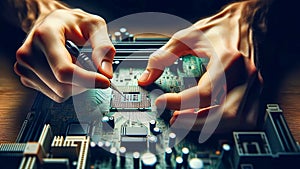 IT specialist installing a microchip onto a CPU board. The focus is on the specialist's hands