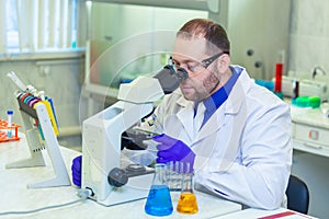 Specialist looking through microscope performing scientific research in a laboratory. Urine test.