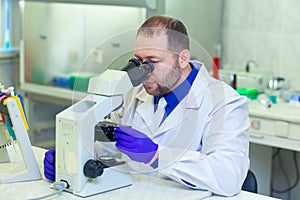 Specialist looking through microscope performing scientific research in a laboratory. Urine test. COVID-19. COVID