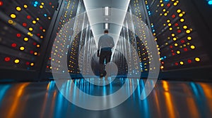 IT specialist utilizing a digital tablet in the server room