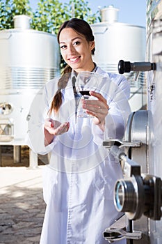 Specialist in white coat examines glass of wine on the background of barrels for fermentation
