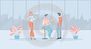 Specialists during coffee break at work vector flat illustration. Woman with smartphone, men discussing.