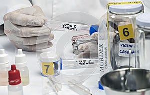 Specialized criminalistic police performs hematological analysis with forensic test kit in a murder in a crime lab