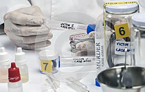 Specialized criminalistic police performs hematological analysis with forensic test kit in a murder in a crime lab photo