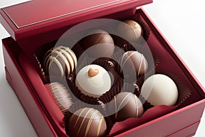 Specially decorated filled chocolates in a red gift box.