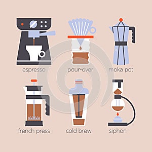 Specialty coffee brewing methods infographic. Flat vector illustration of coffee makers.