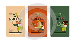 Specialty Coffee Packaging. Happy pickers are harvesting coffee berries photo