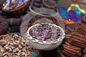 Species, ingredients tea flowers and soaps in the street market of Akka