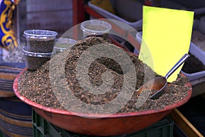 Species, ingredients tea flowers and soaps in the street market of Akka