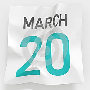Pochod 20 datum na pomačkaný papír strana z kalendář  trojrozměrný obraz vytvořený pomocí počítačového modelu 