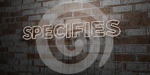 SPECIFIES - Glowing Neon Sign on stonework wall - 3D rendered royalty free stock illustration