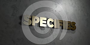 Specifies - Gold text on black background - 3D rendered royalty free stock picture