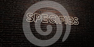 SPECIFIES -Realistic Neon Sign on Brick Wall background - 3D rendered royalty free stock image