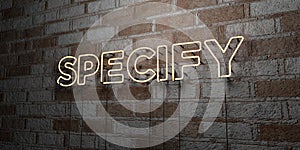 SPECIFY - Glowing Neon Sign on stonework wall - 3D rendered royalty free stock illustration