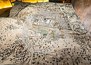 Specimen model of ancient Holy City and Temple Mount exposed in Tower Of David citadel in Jerusalem in Israel