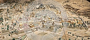 Specimen model of ancient Holy City and Temple Mount exposed in Tower Of David citadel in Jerusalem in Israel