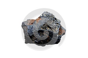 Specimen of raw psilomelane mineral rock isolated on white background. Hard black manganese oxides.