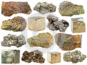 Specimens of pyrite rocks isolated on white