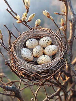 Speckled bird eggs in a nest on budding tree branches.