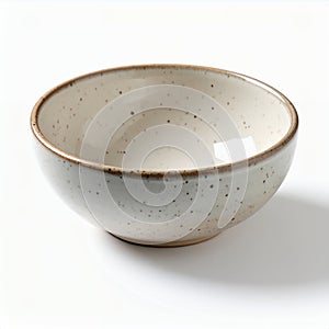 Speckled ceramic bowl featuring rustic trim, perfect for culinary presentation on white background