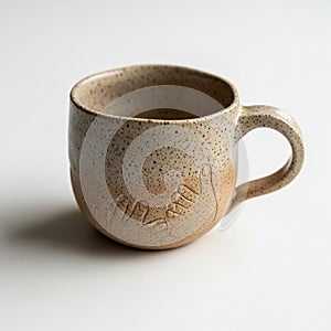 Speckled ceramic mug with a rounded shape and a single handle. The surface