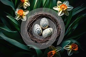 Speckled Easter eggs nestled in a natural birdÃ¢â¬â¢s nest