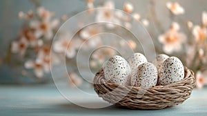 Speckled Easter Eggs Nestled In A Woven Nest