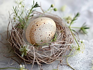 Speckled egg in a nest with greenery
