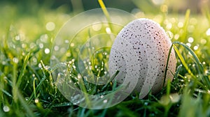 A speckled egg rests in dewy morning grass