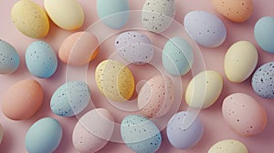 Speckled pastel easter eggs on pink background. Delicate easter eggs background, delicate speckled eggs, flat lay pattern