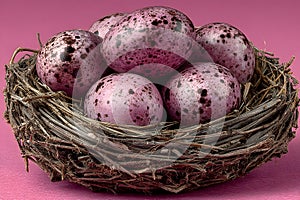 Speckled Pink Eggs in Rustic Nest on Pink Background for Easter Decor and Spring Design Generative AI