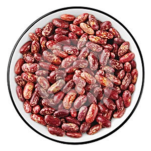 Speckled red kidney beans in bowl top view, isolated on white background