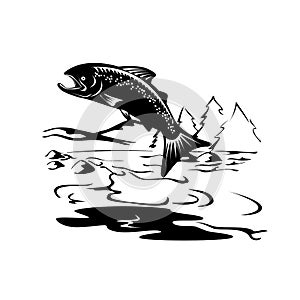 Speckled Trout Fish Jumping Up River Woodcut Retro Black and White