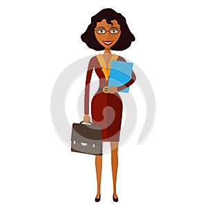 Spectacled good-looking African american business-lady. Bespectacled business-woman ready for work flat cartoon vector photo