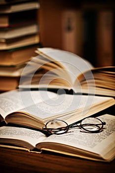 Spectacles on open books photo