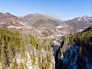 Spectacular aerial panorama of mountain forest during winter.