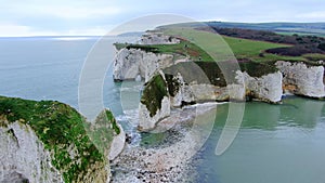 Spectacular aerial view over Old Harry Rocks in England