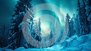 Spectacular aurora borealis (northern lights) in the snowy forest. Winter landscape night scenery. Generative AI