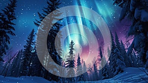 Spectacular aurora borealis (northern lights) in the snowy forest. Winter landscape night scenery. Generative AI