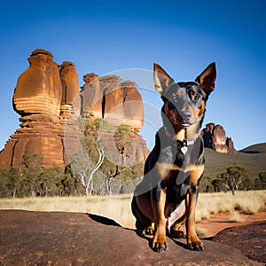 A Cool Australian Kelpie standing majestically atop a rugged cliff