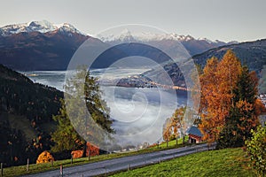 Spectacular autumn view of lake meadows trees and mountains in Sell Am See