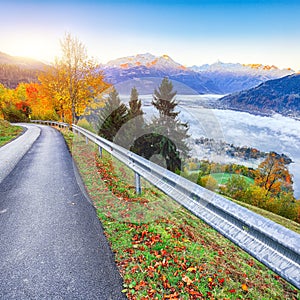 Spectacular autumn view of lake meadows trees and mountains in Sell Am See