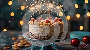 Spectacular Birthday Cake Stand with Sweets Sparklers and Bokeh Lights Background - This title highlights the stunning visual