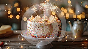 Spectacular Birthday Cake Stand with Sweets Sparklers and Bokeh Lights Background - This title highlights the stunning visual