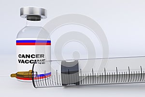 Spectacular bottle CANCER VACCINE WITH A Syringe against a white background. 3D render Russia flag