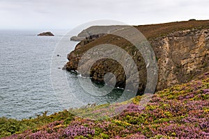 Spectacular cliffs in Cap Frehel, Pointe du Jas and island Amas du Cap on a cloudy day in summer