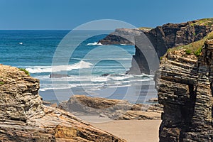 Spectacular cliffs of rock formations on the beach of the cathedrals, Galicia, Spain.